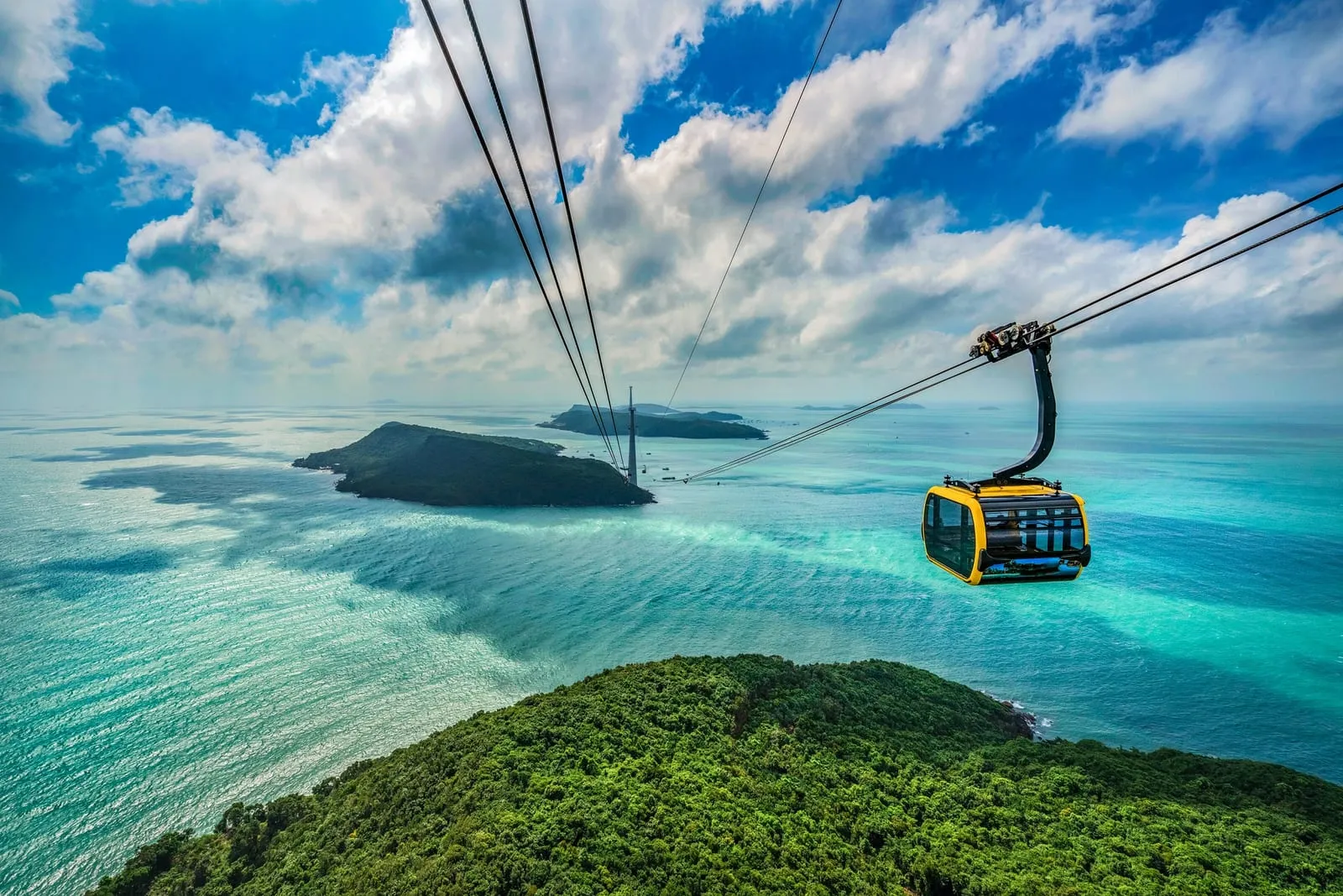 A Hon Thom cable car cabin above the sea and islands south of An Thoi