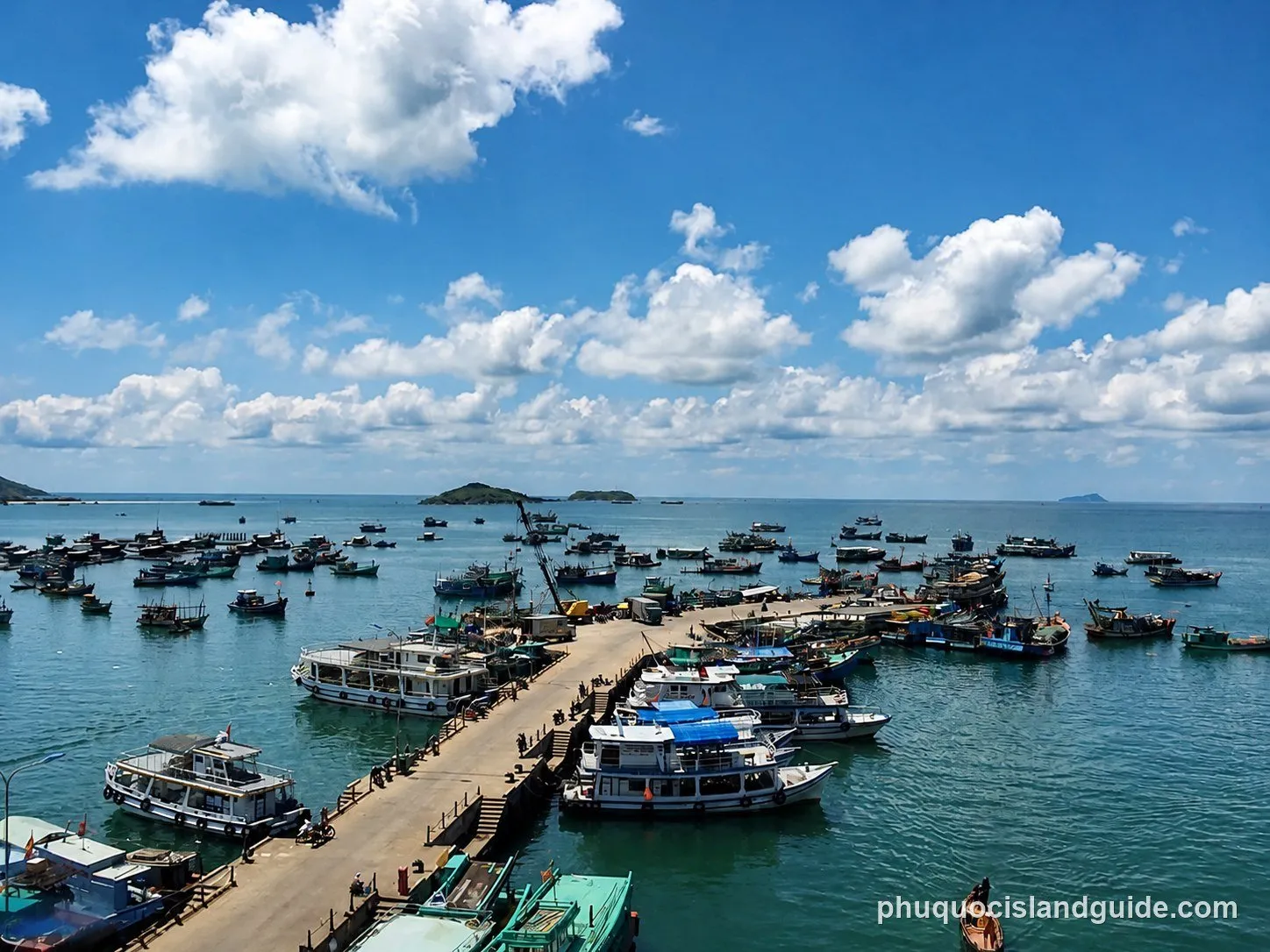 An aerial view of a busy harbor filled with numerous fishing boats and passenger vessels docked at a long pier under a bright blue sky with white clouds. Distant islands are visible.