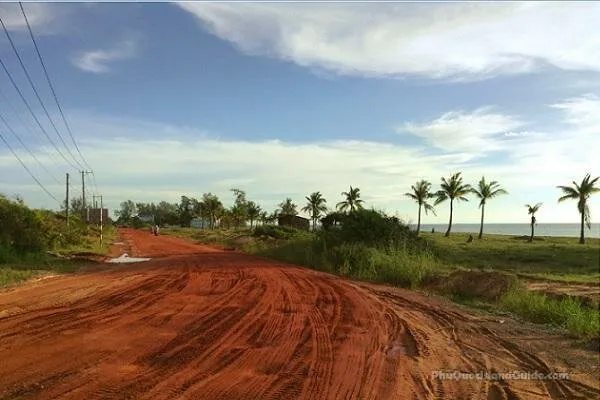A red dirt road with tire tracks leads to a tropical coastline with palm trees and the sea under a blue sky. Power lines are visible on the left.