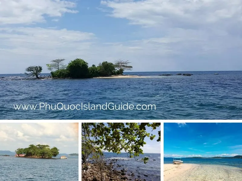 A collage of four tropical island scenes: a small island in the sea, another island with a boat, tree leaves over a rocky shore, and a sandy beach with a boat.