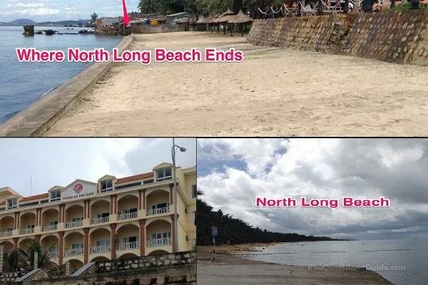 Three photos labelled “Where North Long Beach Ends”: a seawall cutting across the sand, a yellow guesthouse on the road behind it, and the grey open sand of North Long Beach