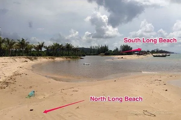 A sandy beach where a river meets the sea, with palm trees, boats, and labels for ‘North Long Beach’, ‘South Long Beach’, and ‘River’.