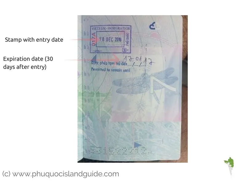 A close-up photo of a passport page showing a Vietnam immigration entry stamp dated December 18, 2016, and a handwritten expiration date of January 17, 2017. Annotations point to the dates.