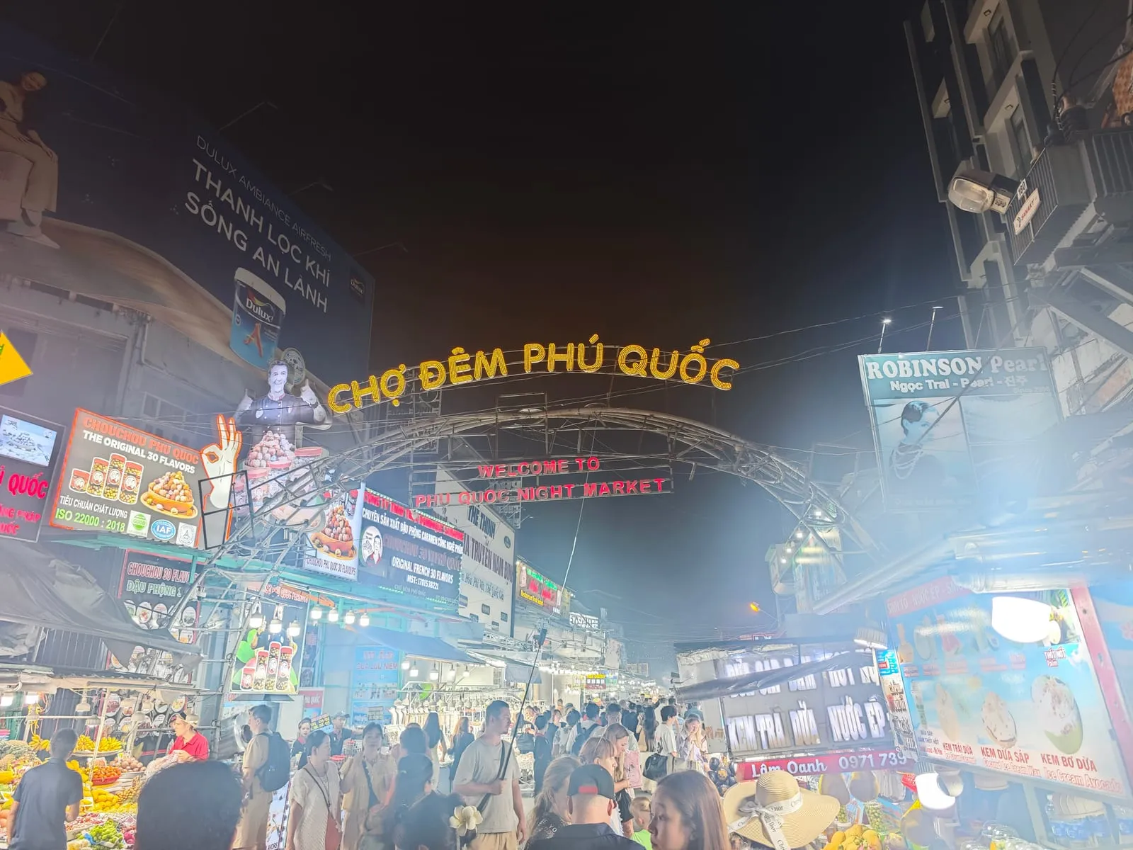 The lit entrance gate of the Phu Quoc Night Market (Chợ Đêm Phú Quốc) in Duong Dong