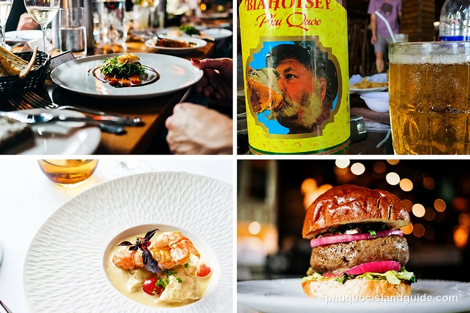 A collage of four images showing various food and drink items: a gourmet dish with hands, a can of ‘Draft Beer Phu Quoc’ with a glass of beer, a seafood dish, and a hamburger.